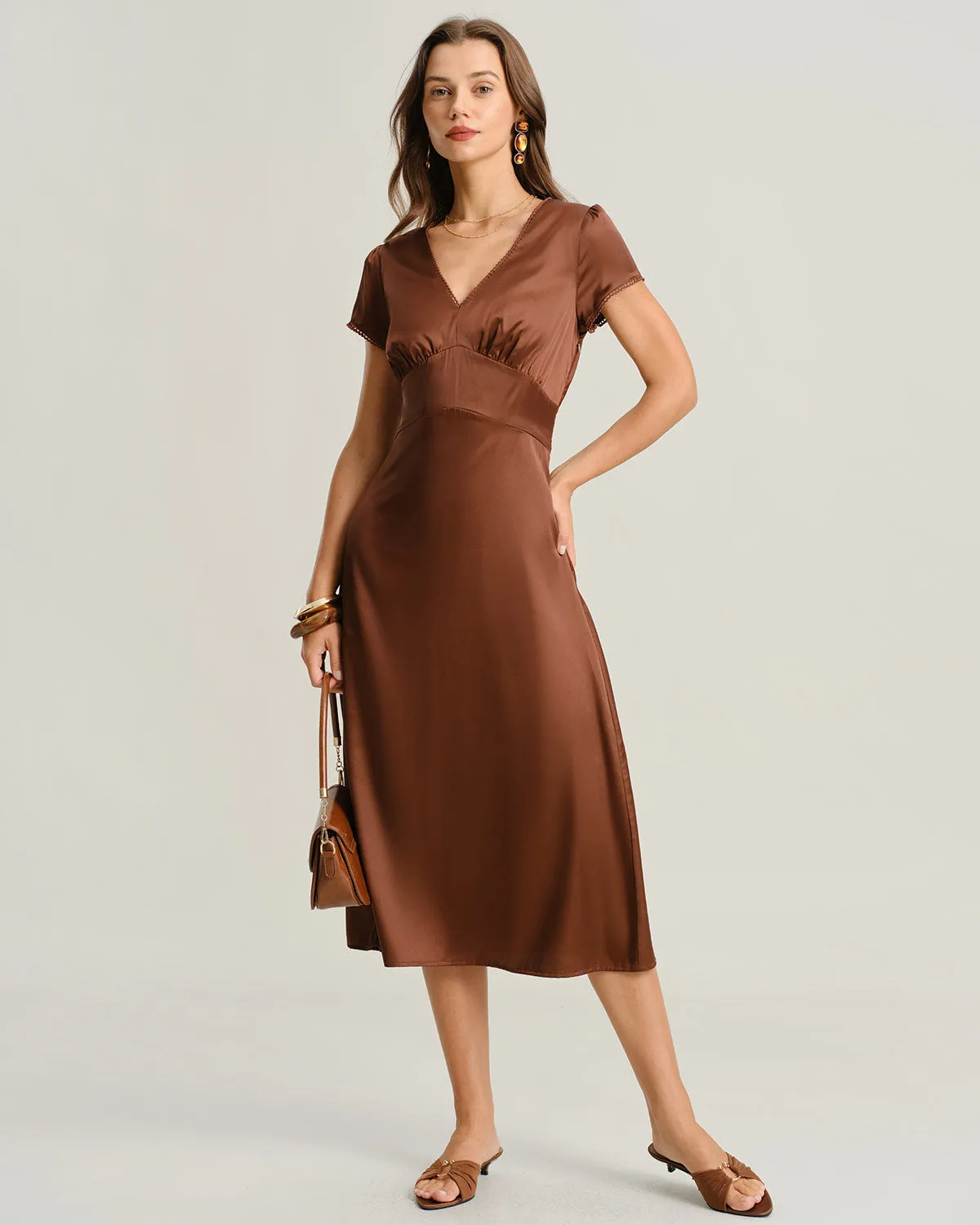 Brown V Neck Cap Sleeve Midi Dress sold by rihoas product image thumbnail 4