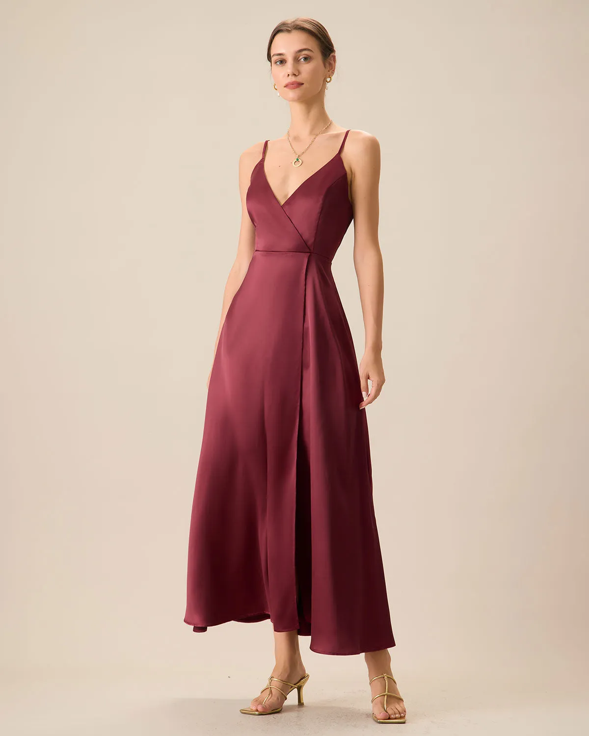 Red Satin Slit Maxi Dress sold by rihoas product image thumbnail 3
