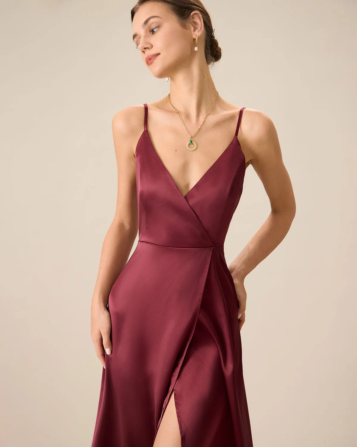 Red Satin Slit Maxi Dress sold by rihoas product image thumbnail 2