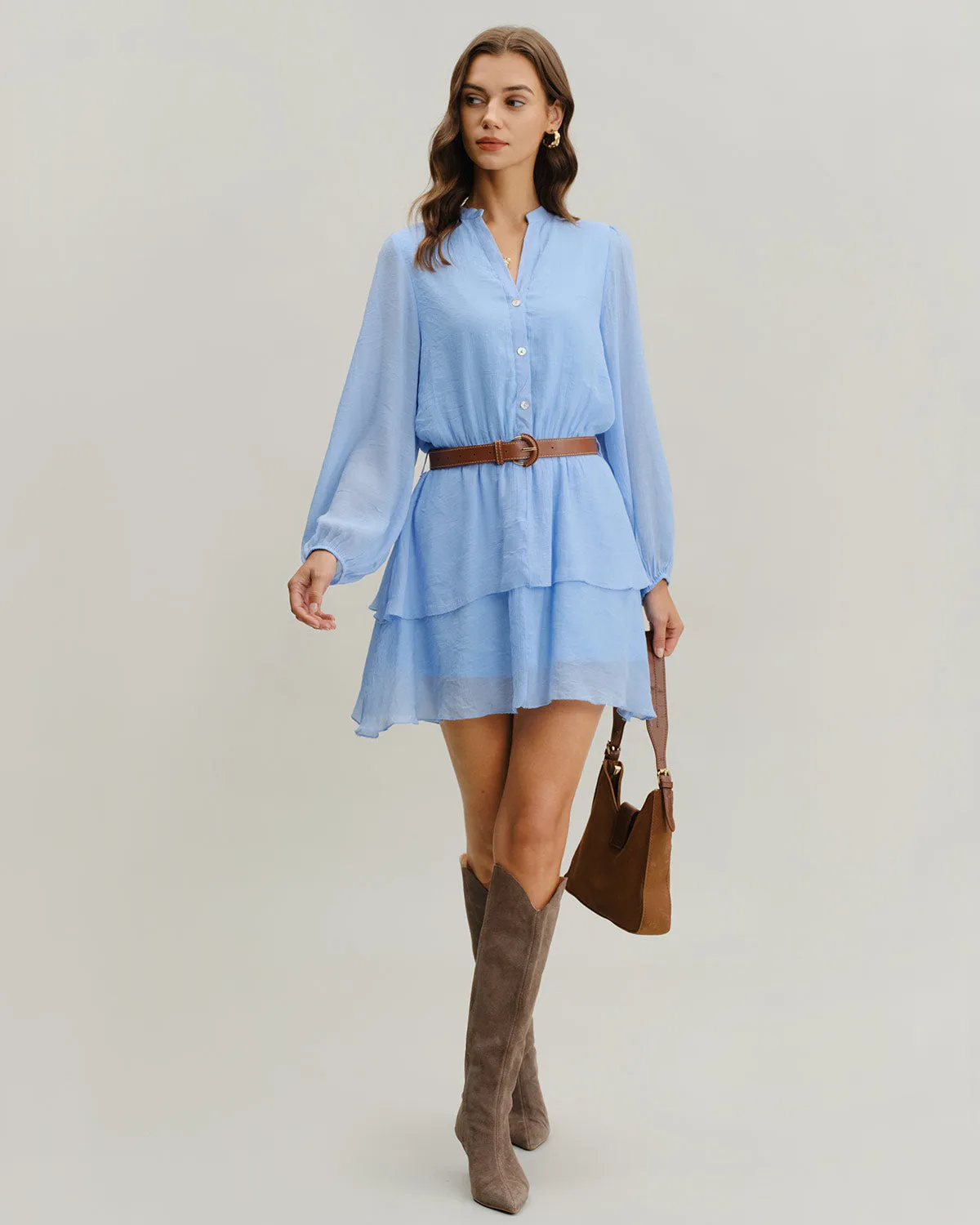 Blue V-Neck Tiered Mini Dress sold by rihoas product image thumbnail 4