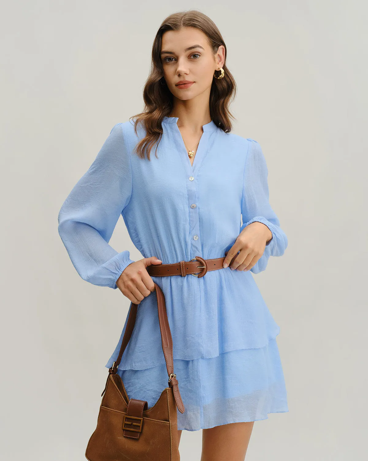 Blue V-Neck Tiered Mini Dress sold by rihoas