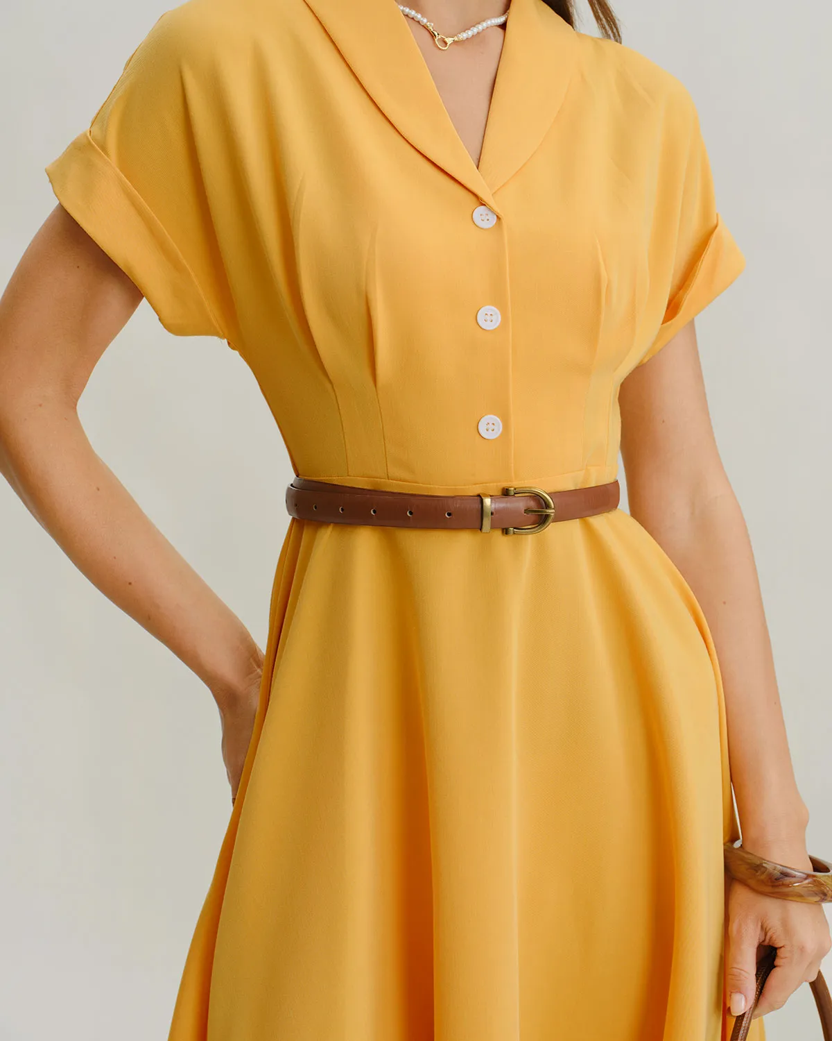 Yellow Cowl Sleeve Pleated Midi Dress sold by rihoas product image thumbnail 2