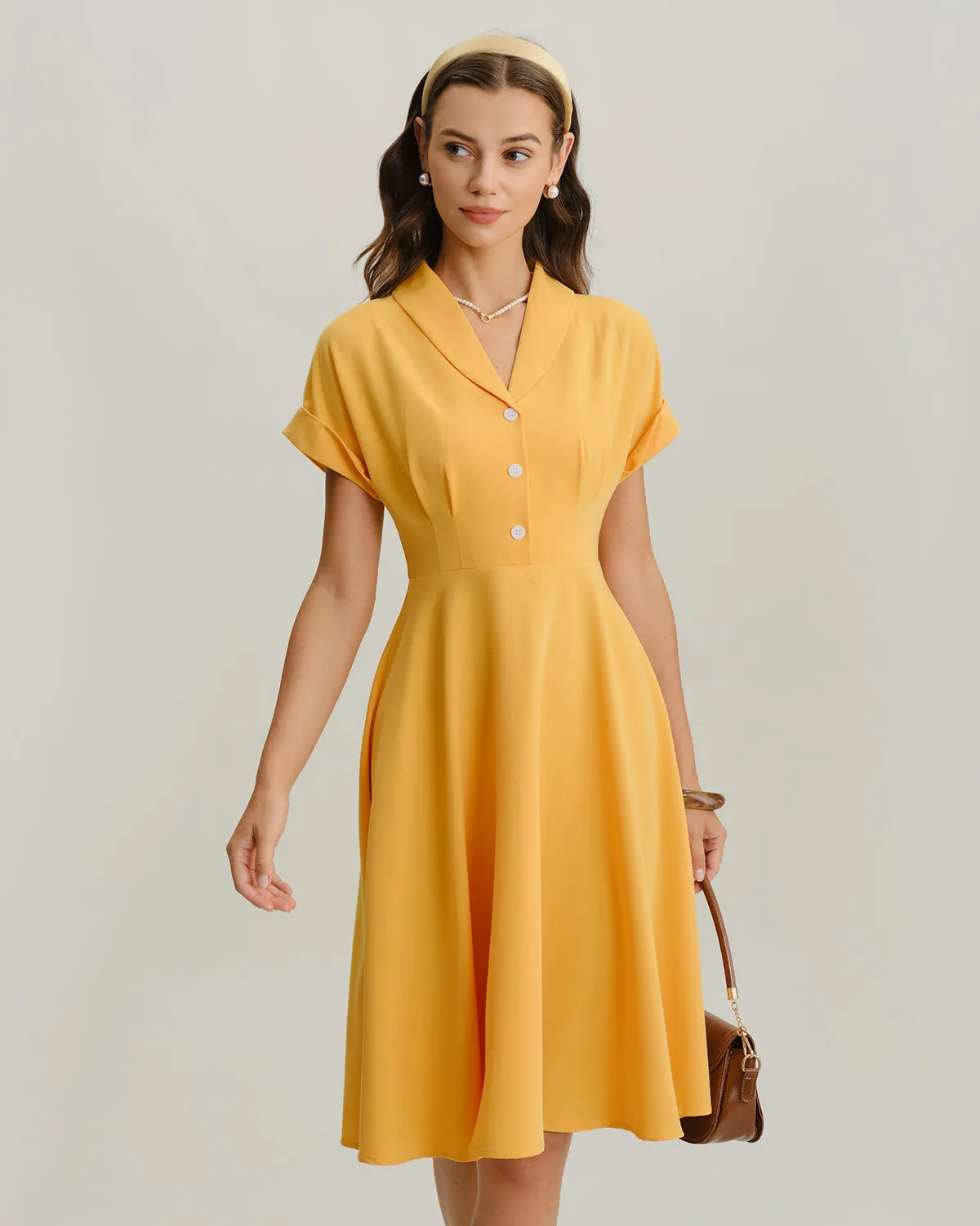 Yellow Cowl Sleeve Pleated Midi Dress sold by rihoas product image thumbnail 3