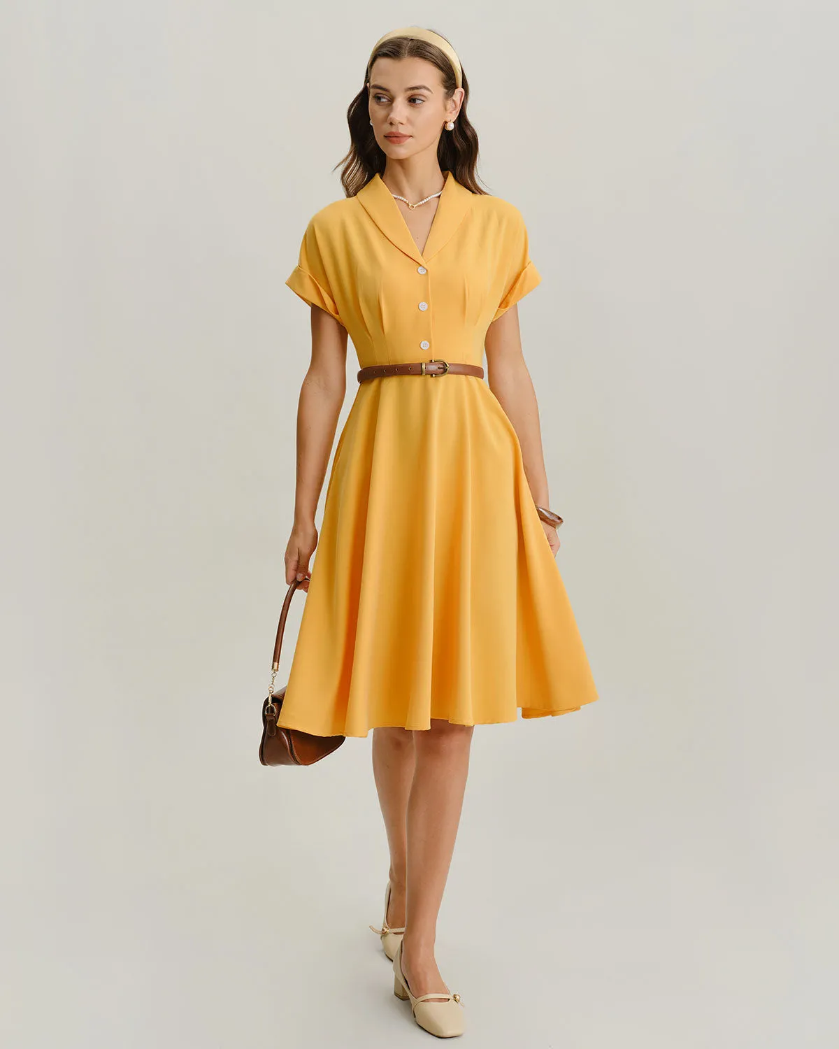 Yellow Cowl Sleeve Pleated Midi Dress sold by rihoas product image thumbnail 4