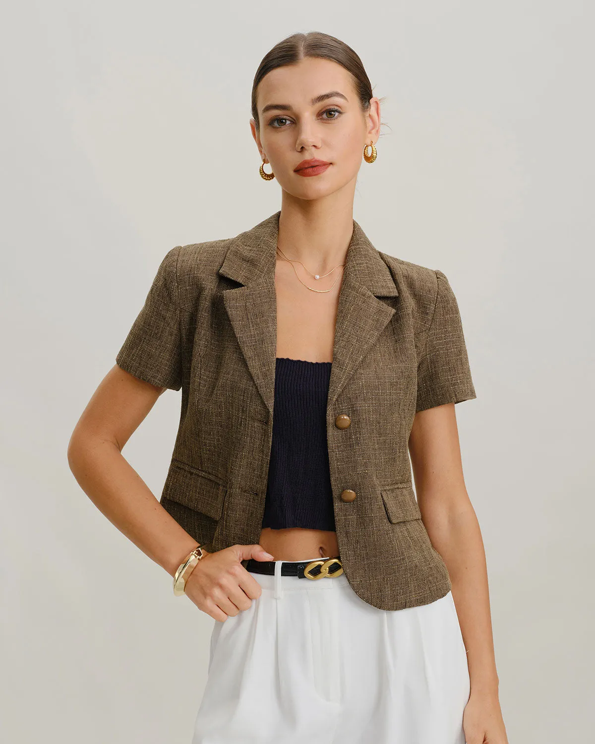 Brown Plaid Button Short Sleeve Jacket sold by rihoas