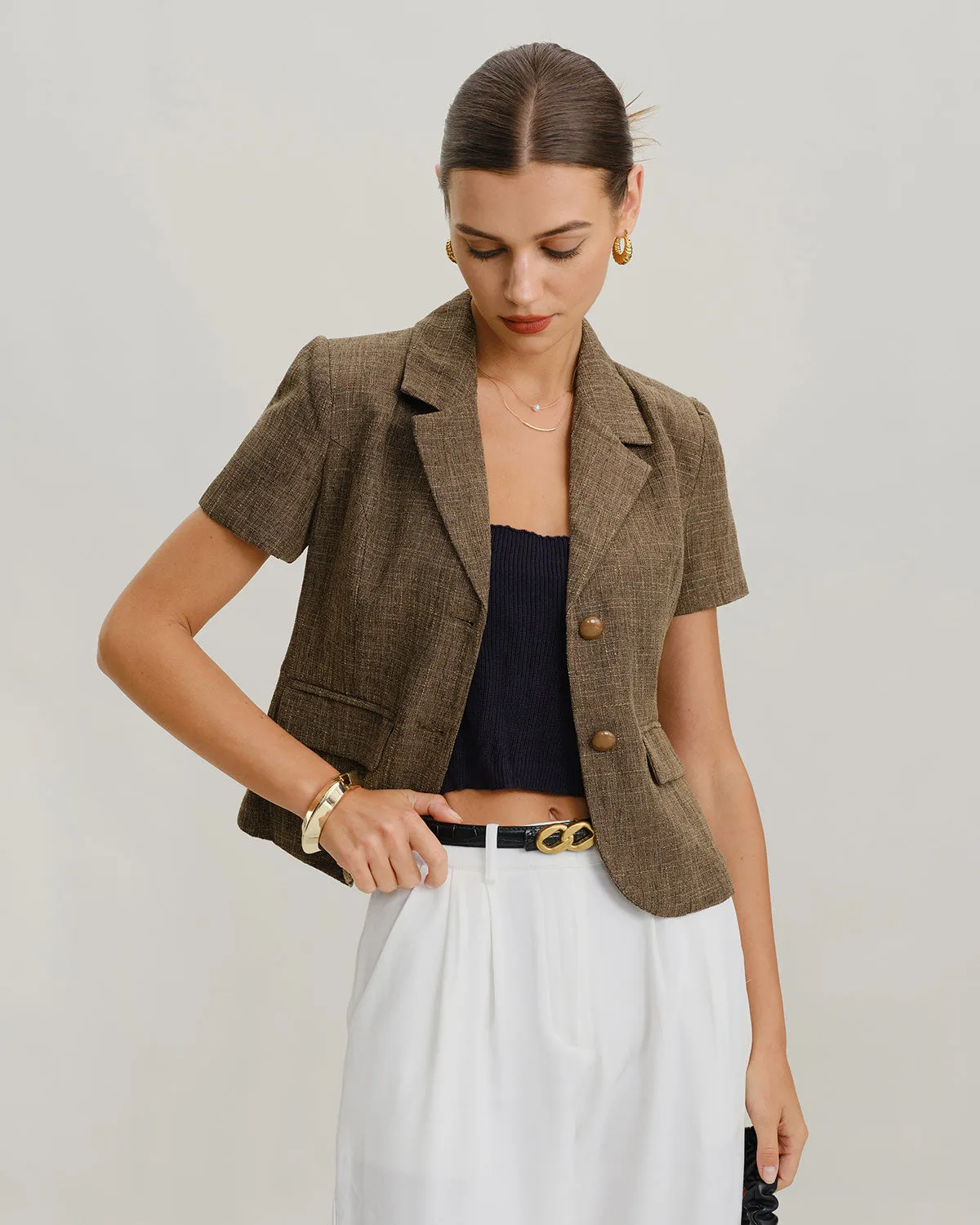 Brown Plaid Button Short Sleeve Jacket sold by rihoas product image thumbnail 3