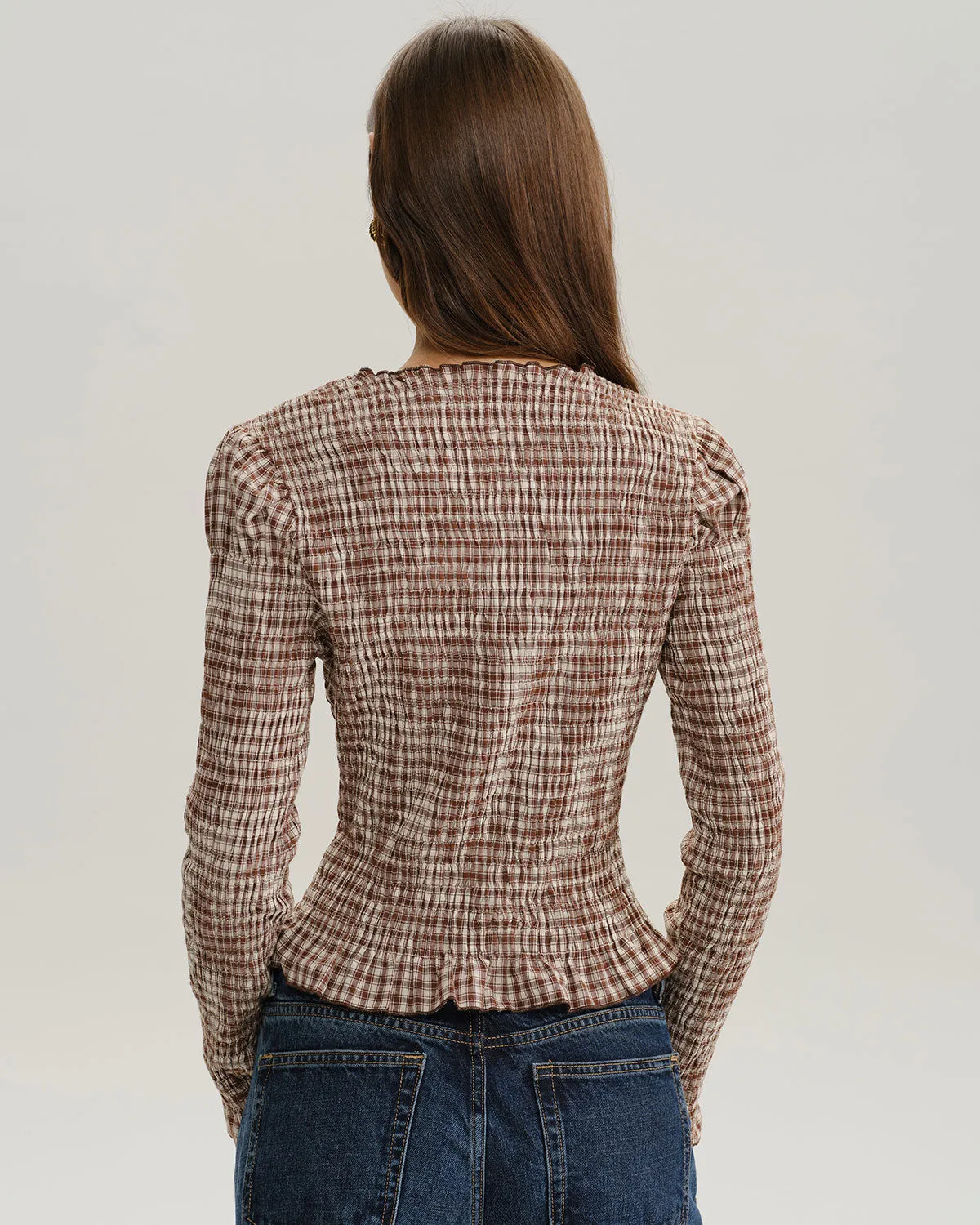 Brown Plaid Shirred Poet Sleeve Blouse sold by rihoas product image thumbnail 5