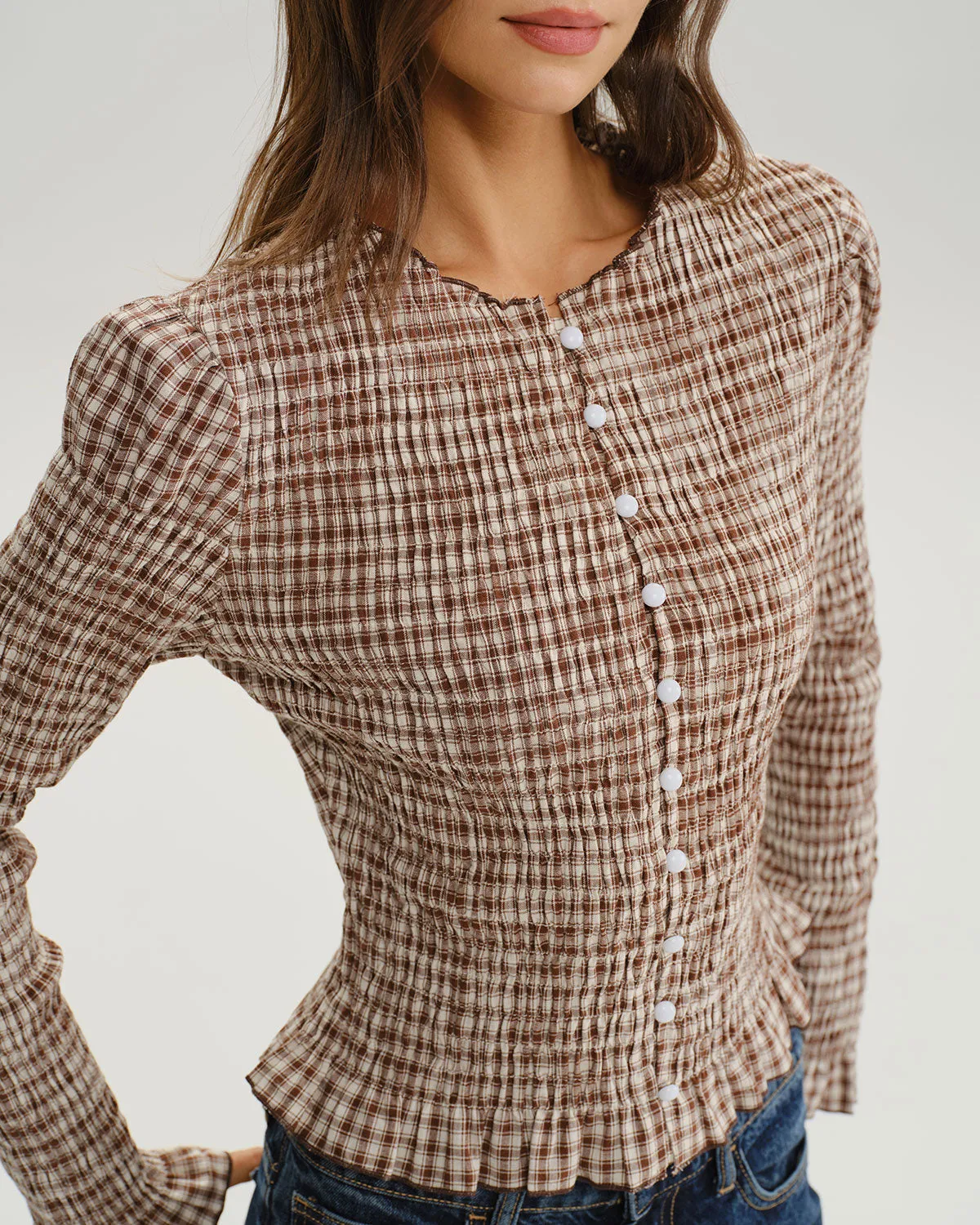 Brown Plaid Shirred Poet Sleeve Blouse sold by rihoas product image thumbnail 2