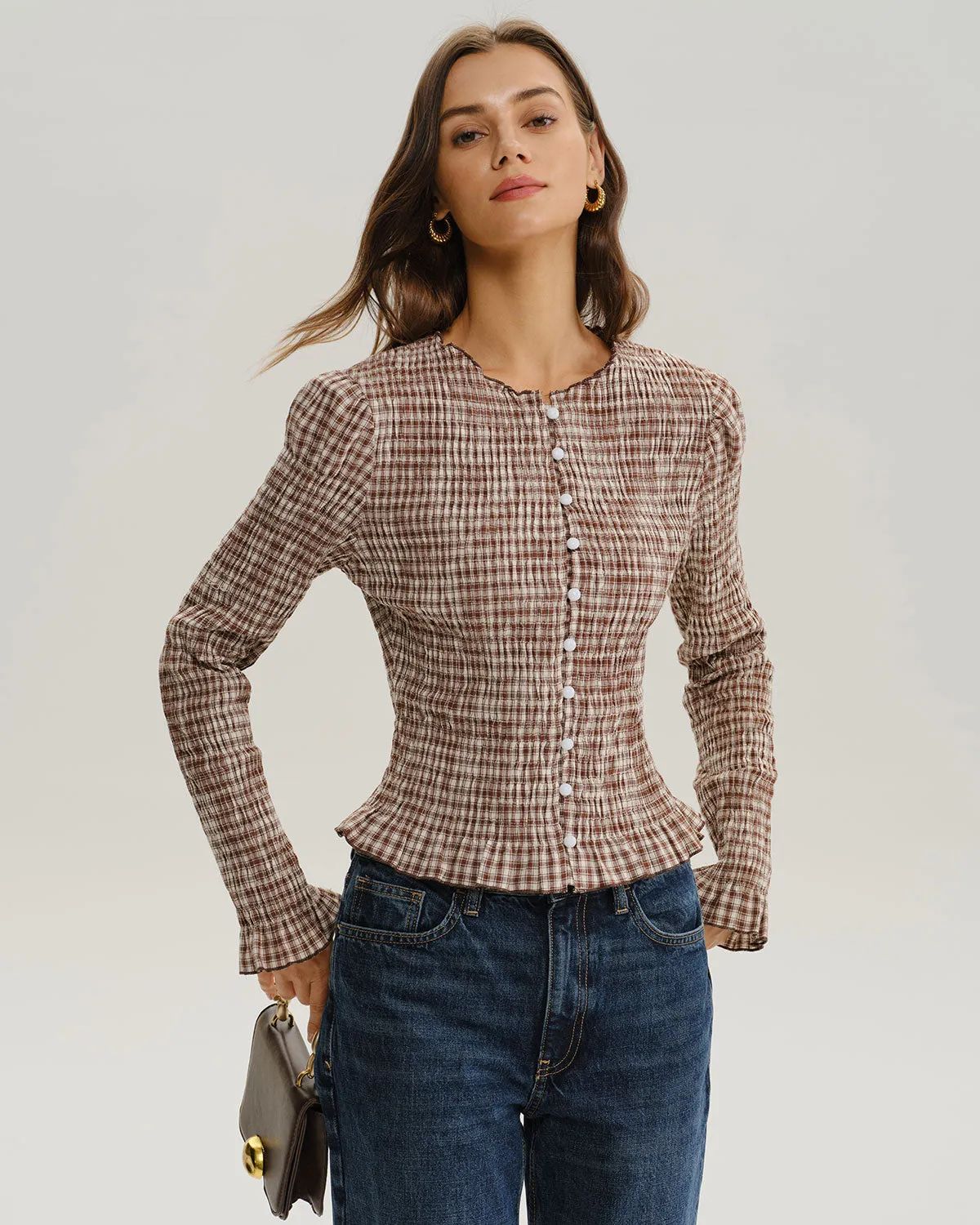 Brown Plaid Shirred Poet Sleeve Blouse sold by rihoas product image thumbnail 3