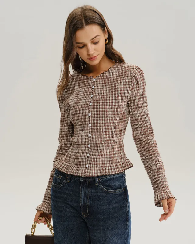 Brown Plaid Shirred Poet Sleeve Blouse sold by rihoas