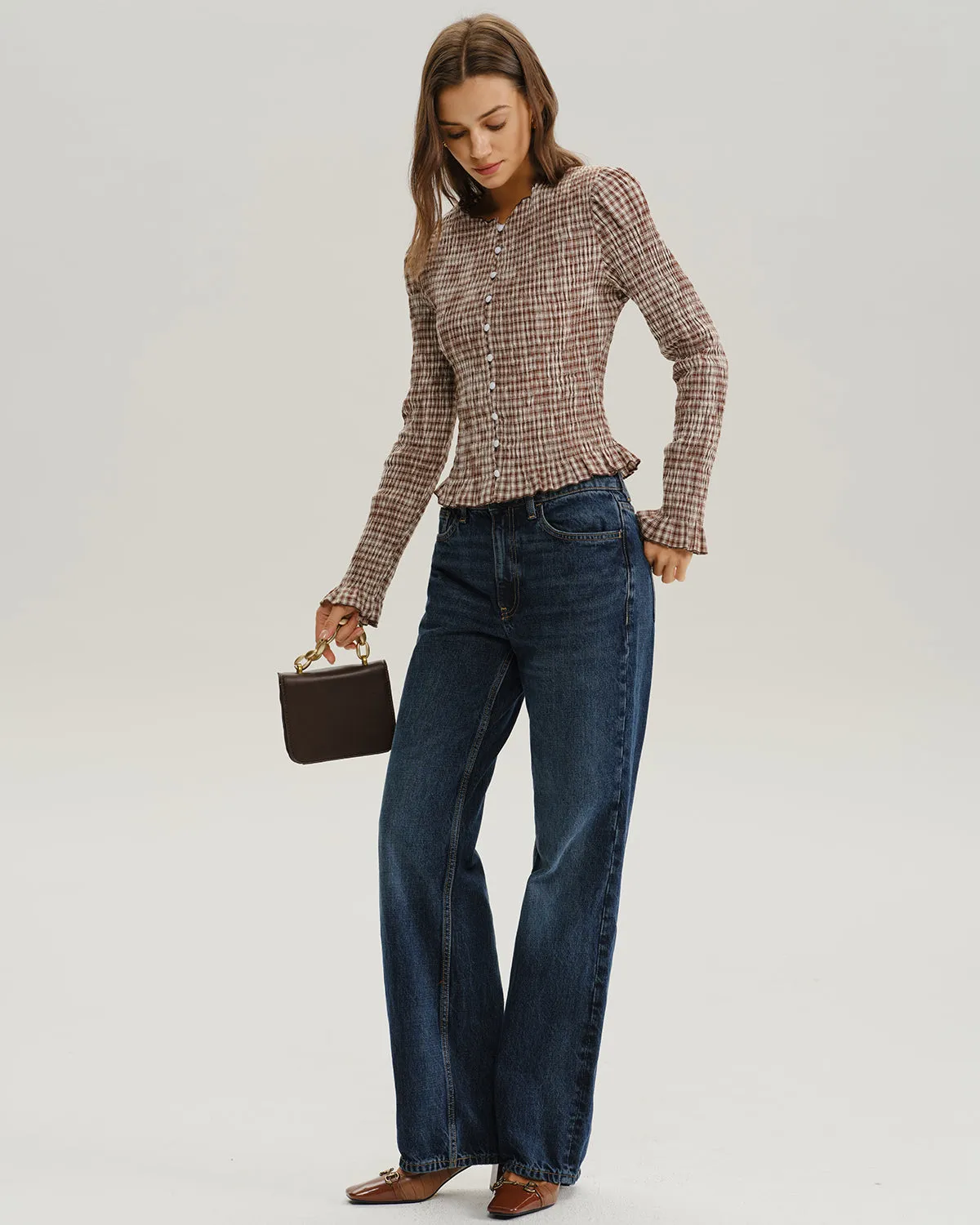 Brown Plaid Shirred Poet Sleeve Blouse sold by rihoas product image thumbnail 4