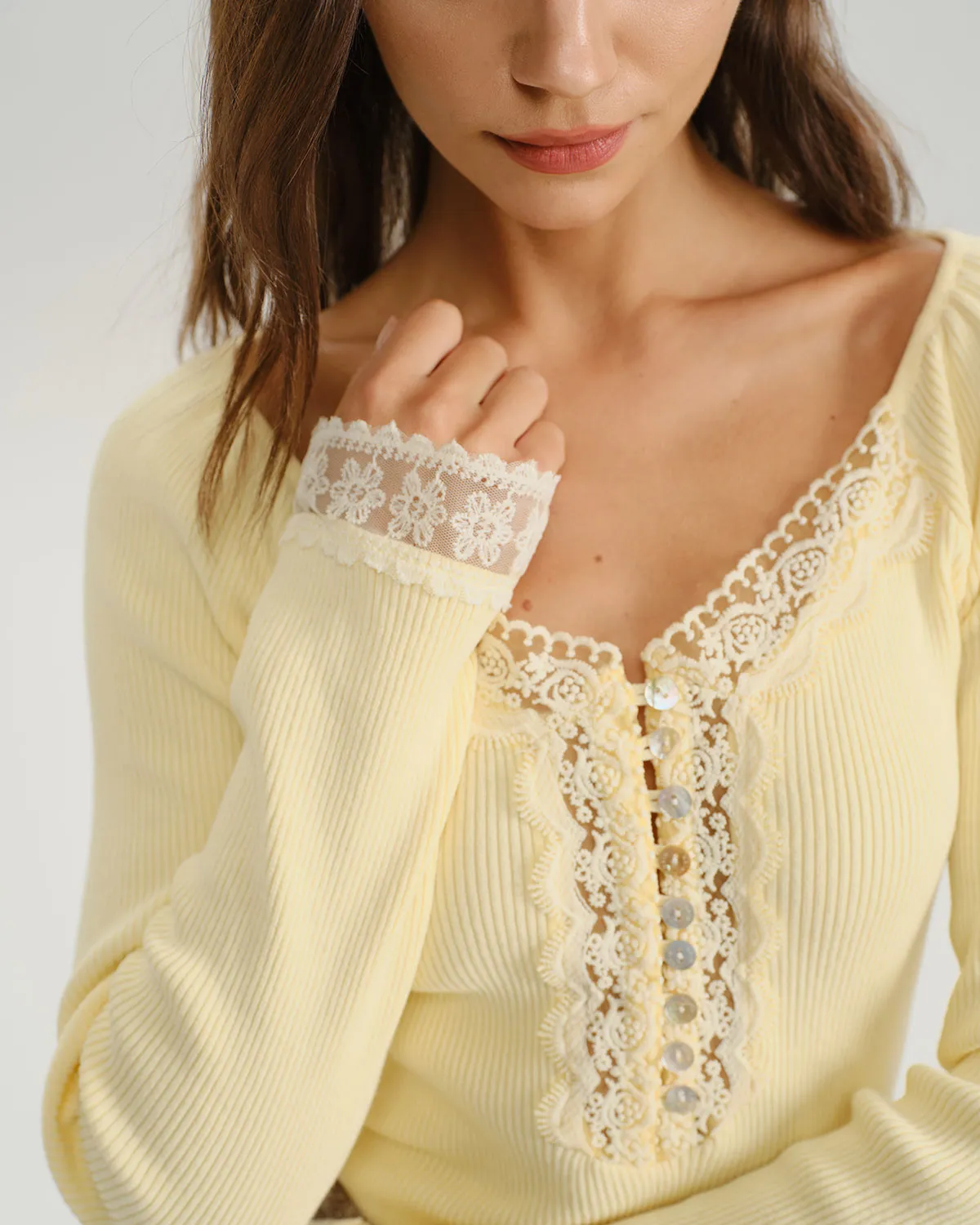 Yellow V Neck Lace Knit Tee sold by rihoas product image thumbnail 2
