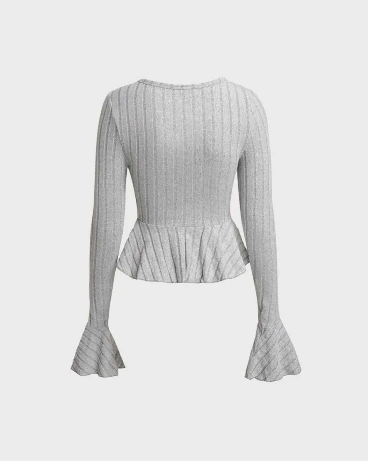 Grey V Neck Bell Sleeve Knit Tee sold by rihoas product image thumbnail 2