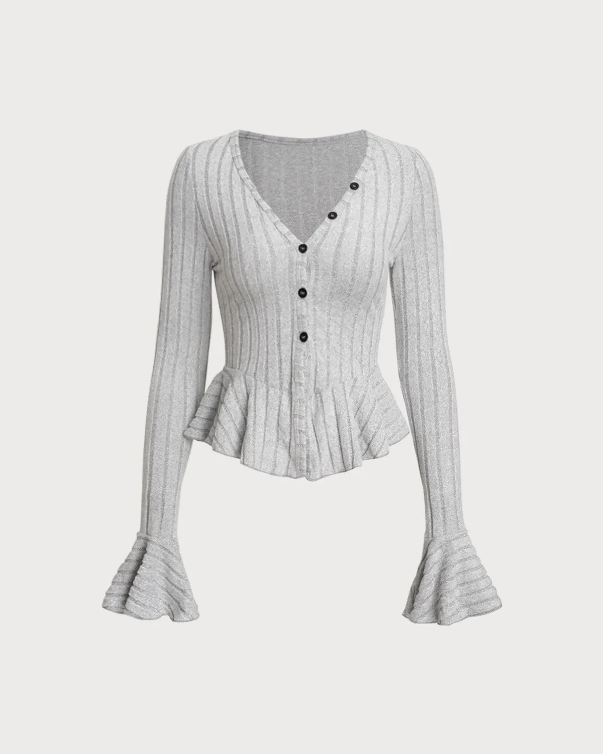 Grey V Neck Bell Sleeve Knit Tee sold by rihoas