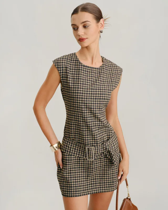 Khaki Round Neck Plaid Belted Mini Dress sold by rihoas