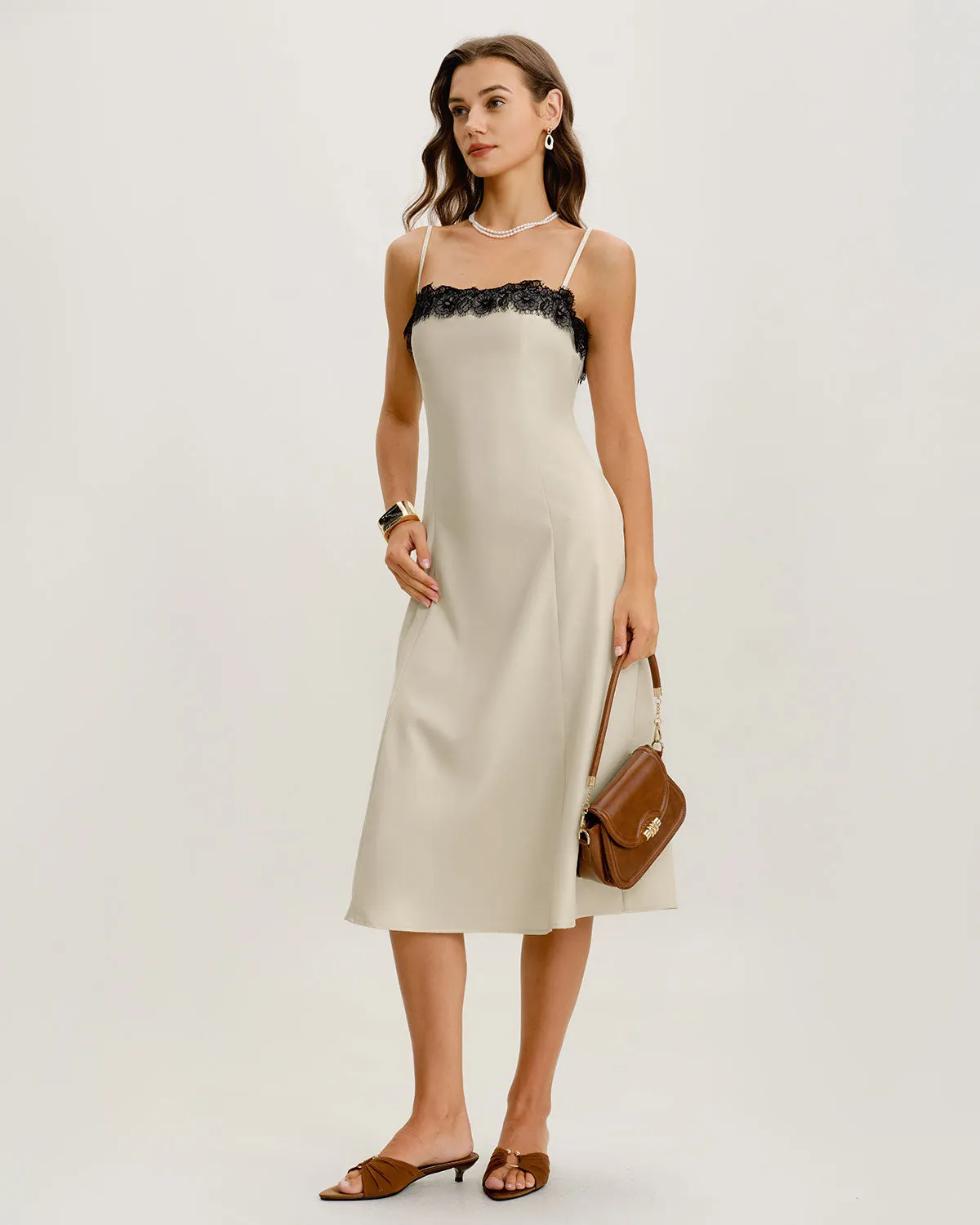 White Lace Contrasting Slip Midi Dress sold by rihoas product image thumbnail 4