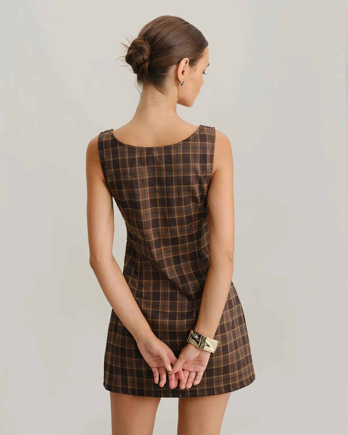 Brown Plaid Square Neck A-Line Slip Mini Dress sold by rihoas product image thumbnail 4