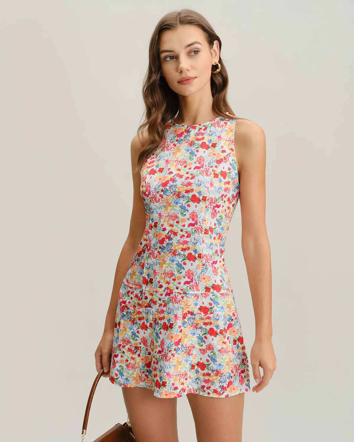 Red Floral Boat Neck Sleeveless Mini Dress sold by rihoas product image thumbnail 3