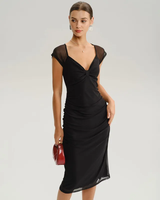 Black V Neck Mesh Midi Dress sold by rihoas