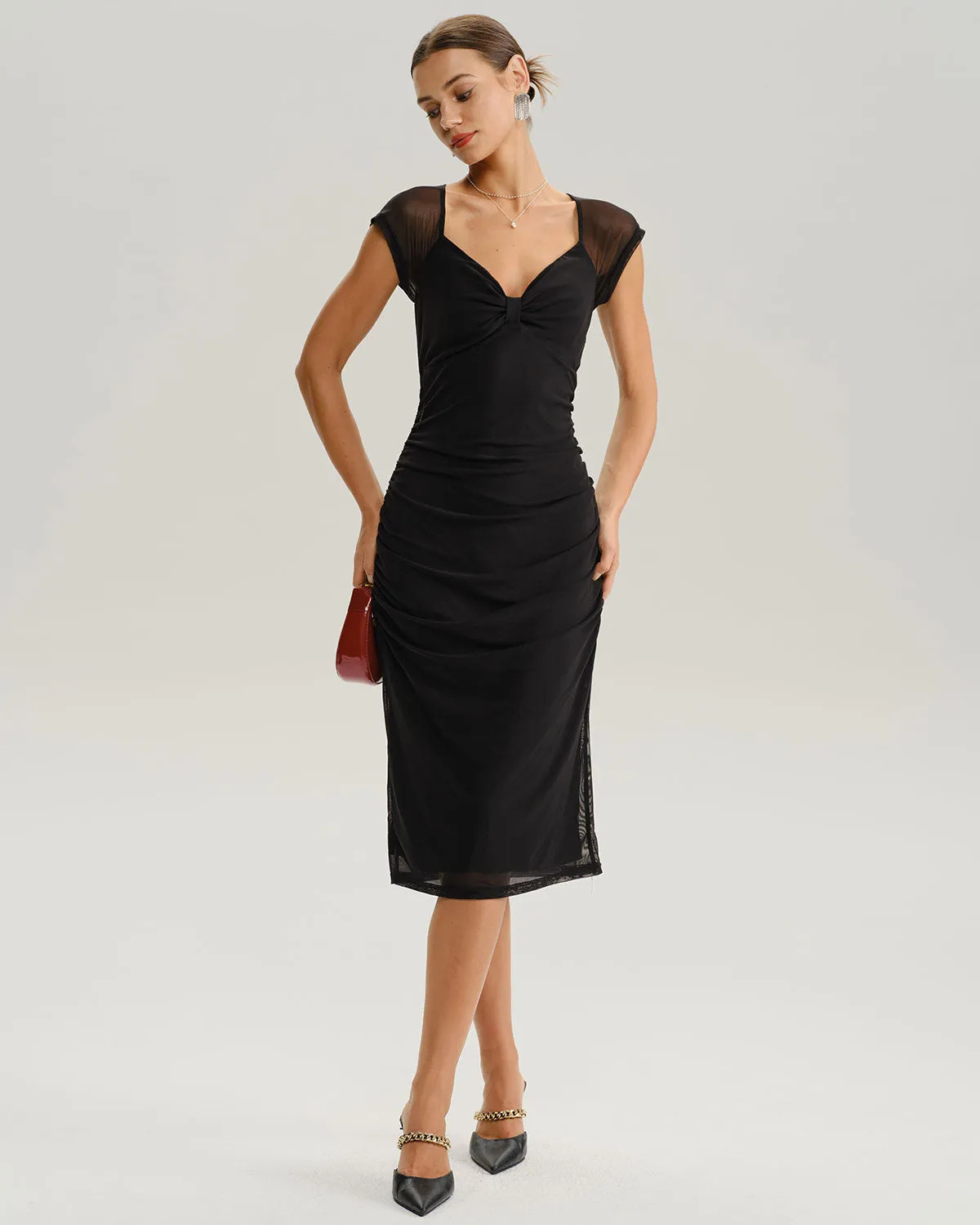 Black V Neck Mesh Midi Dress sold by rihoas product image thumbnail 4