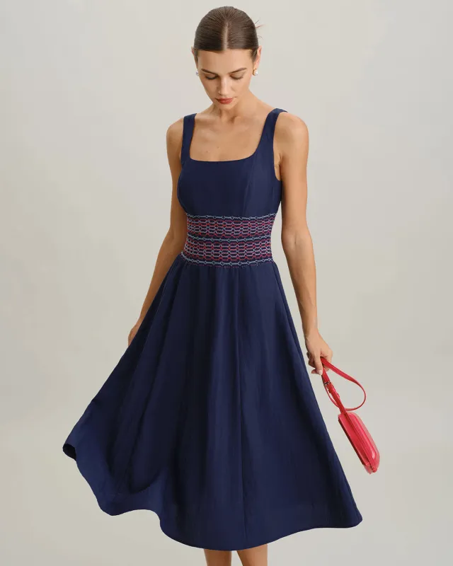 Blue Square Neck Shirred Slip Midi Dress sold by rihoas