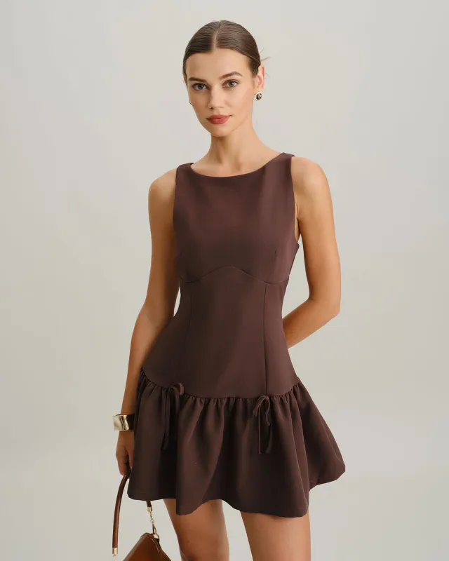 Coffee Round Neck Pleated Mini Dress made by rihoas