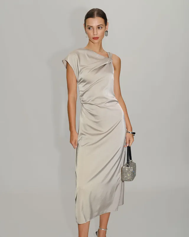 Grey Cowl Sleeve Asymmetrical Satin Midi Dress sold by rihoas