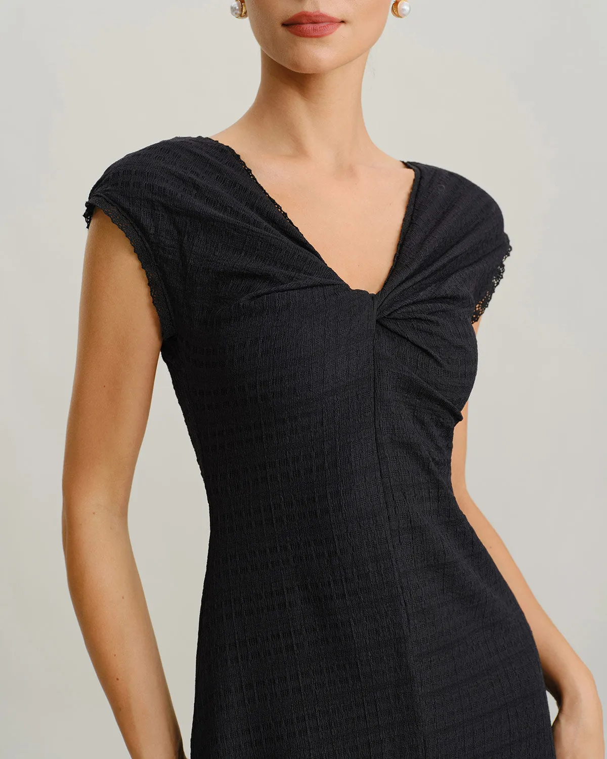 Black V Neck Cowl Sleeve A-Line Midi Dress sold by rihoas product image thumbnail 2