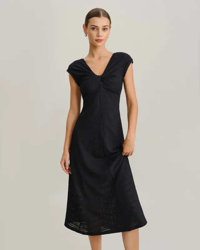Black V Neck Cowl Sleeve A-Line Midi Dress sold by rihoas