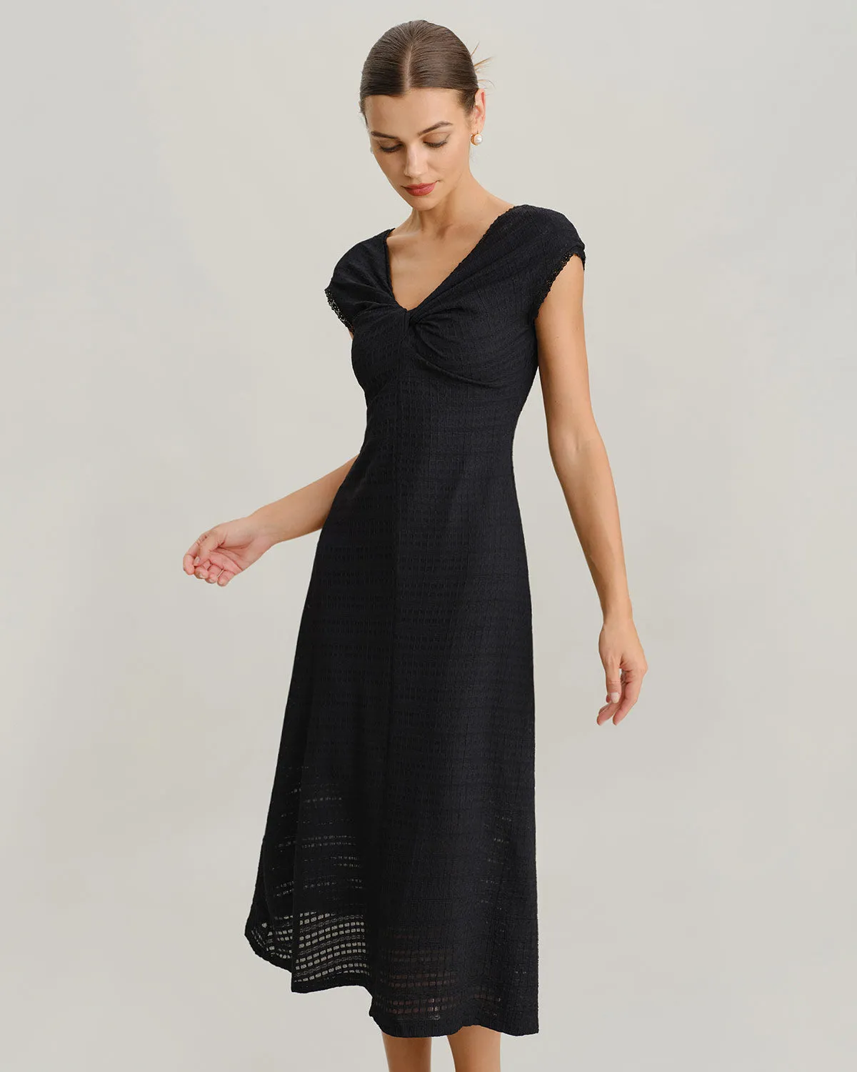 Black V Neck Cowl Sleeve A-Line Midi Dress sold by rihoas product image thumbnail 3