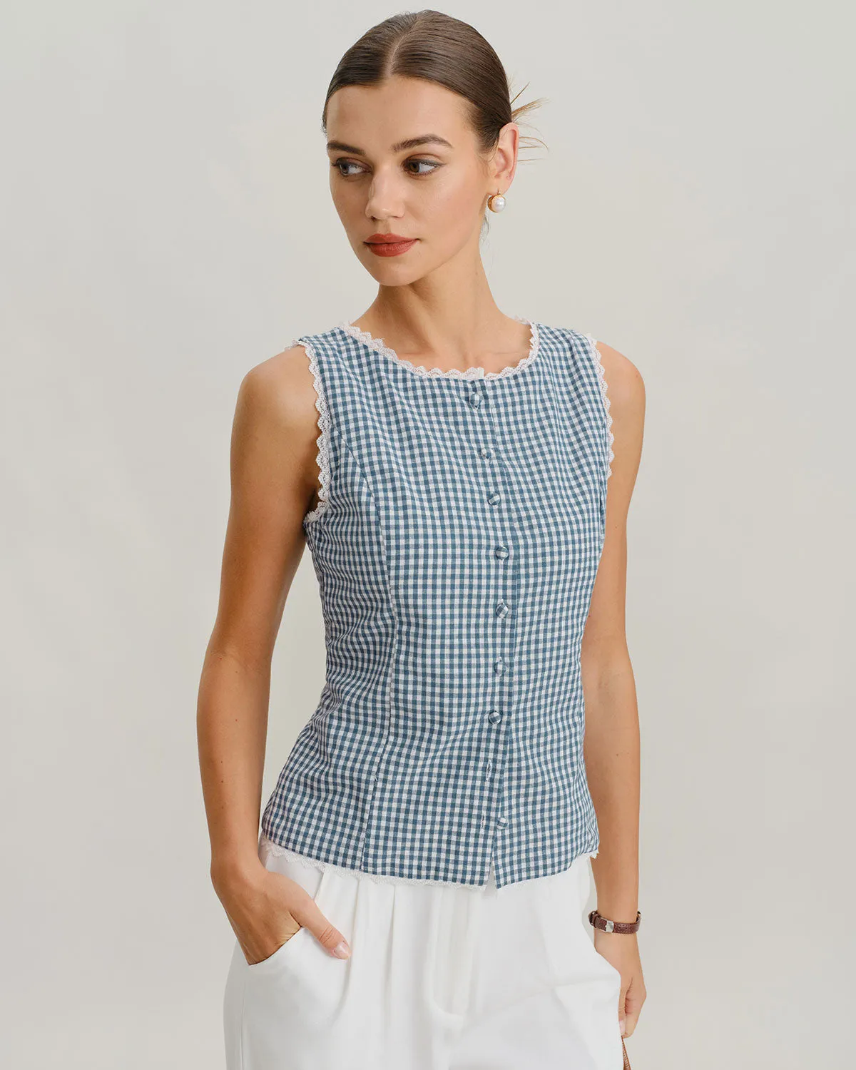 Blue Plaid Boat Neck Tank Top sold by rihoas product image thumbnail 3
