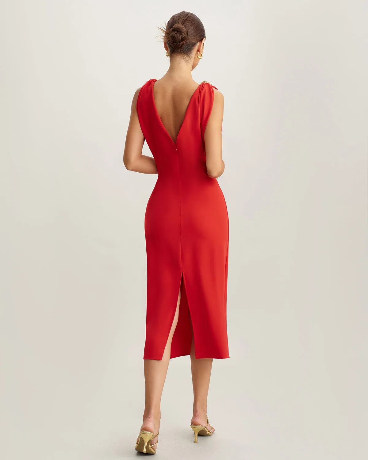 Red V Neck Sleeveless Midi Dress sold by rihoas product image thumbnail 5