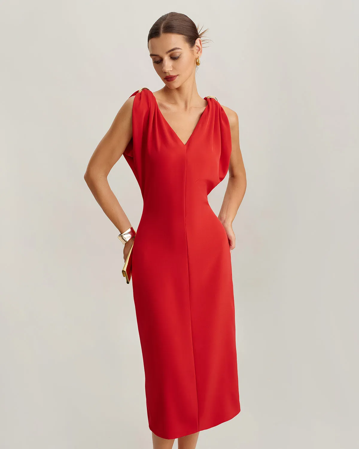 Red V Neck Sleeveless Midi Dress sold by rihoas