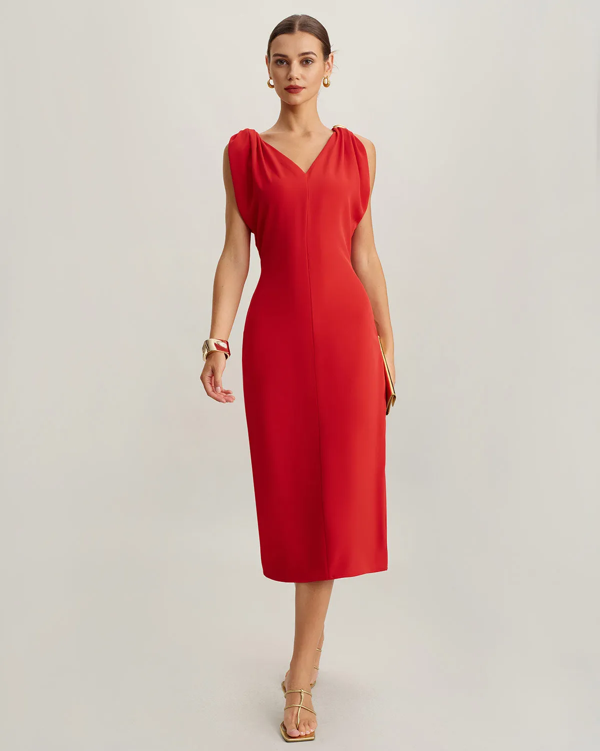 Red V Neck Sleeveless Midi Dress sold by rihoas product image thumbnail 3