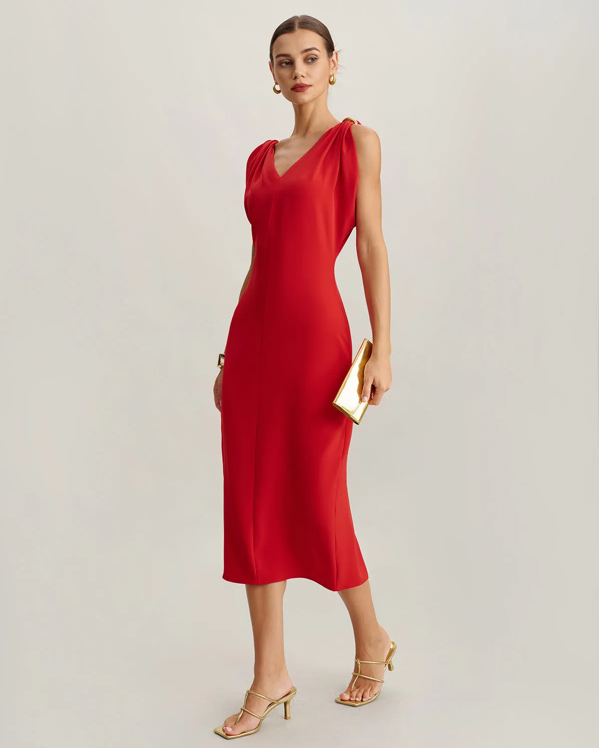 Red V Neck Sleeveless Midi Dress sold by rihoas product image thumbnail 4