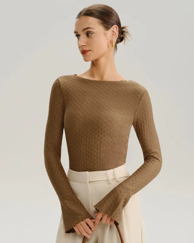 Brown Boat Neck Bell Sleeve Knit Tee sold by rihoas