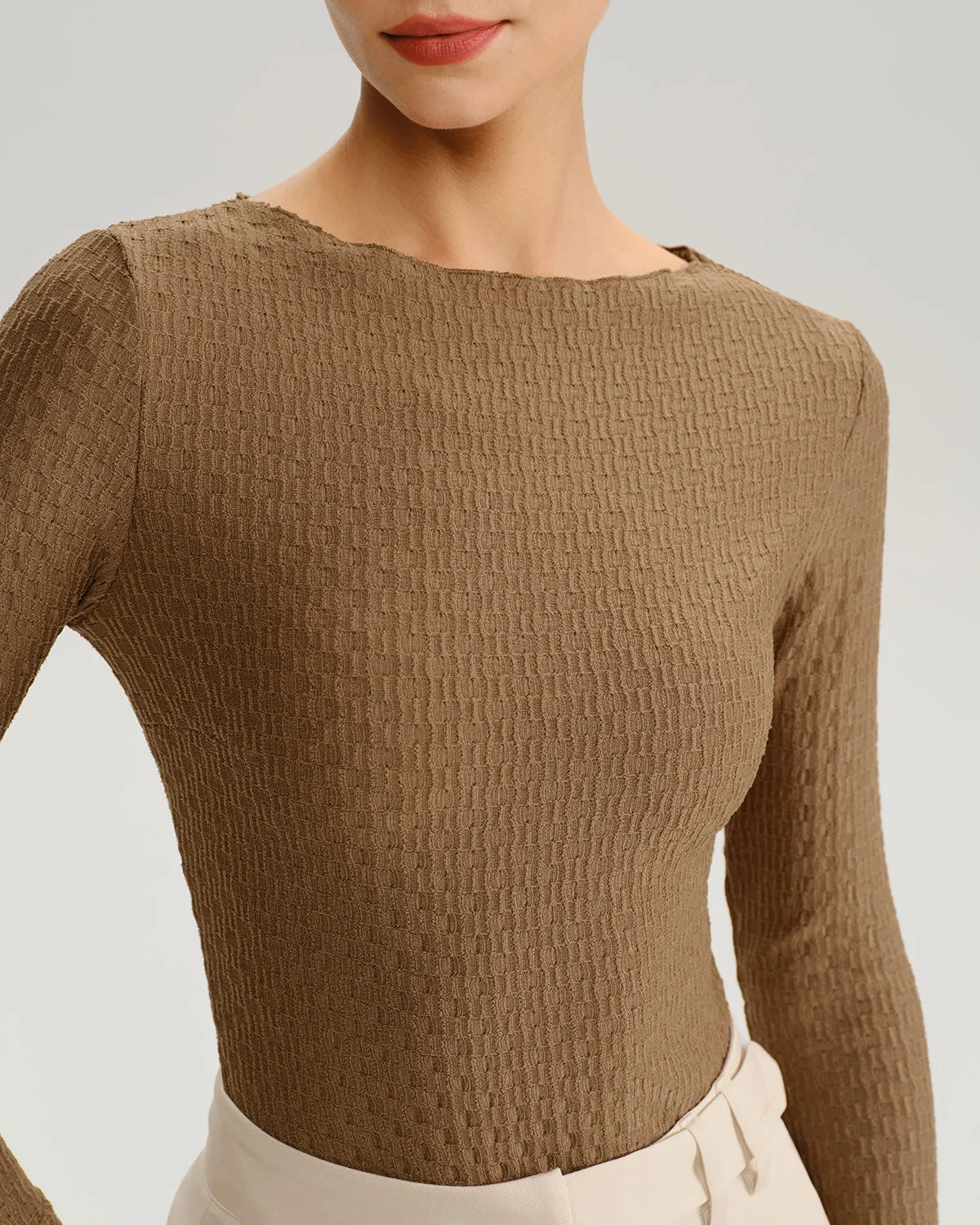 Brown Boat Neck Bell Sleeve Knit Tee sold by rihoas product image thumbnail 2