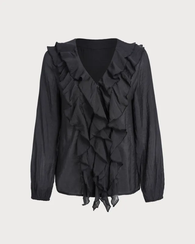Black V Neck Ruffle Loose Shirt sold by rihoas