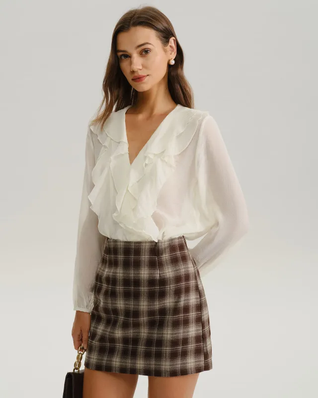 White V Neck Ruffle Loose Shirt sold by rihoas