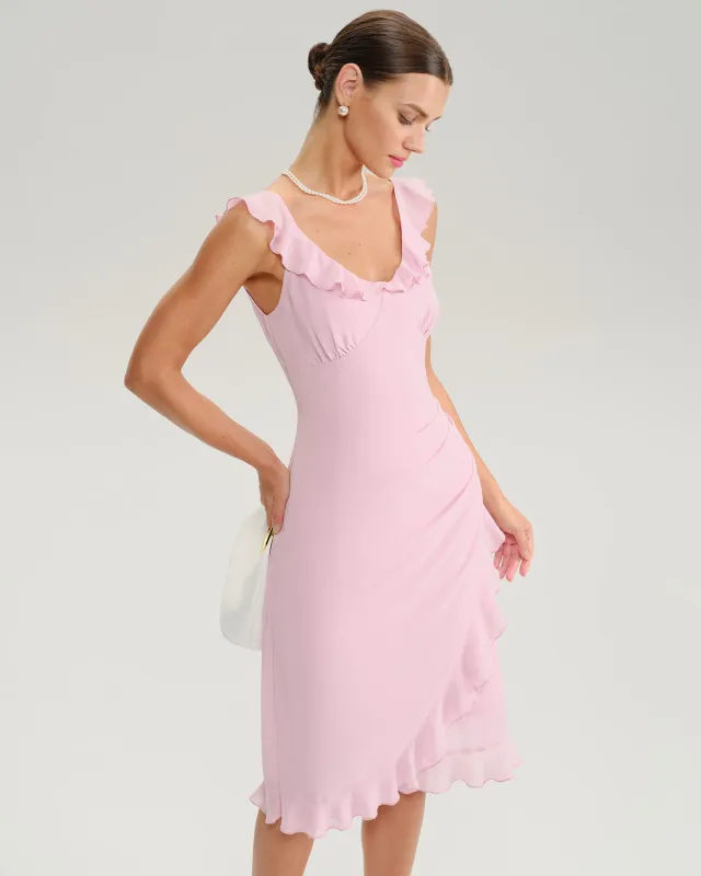 Pink V Neck Ruffle Sleeveless Midi Dress sold by rihoas