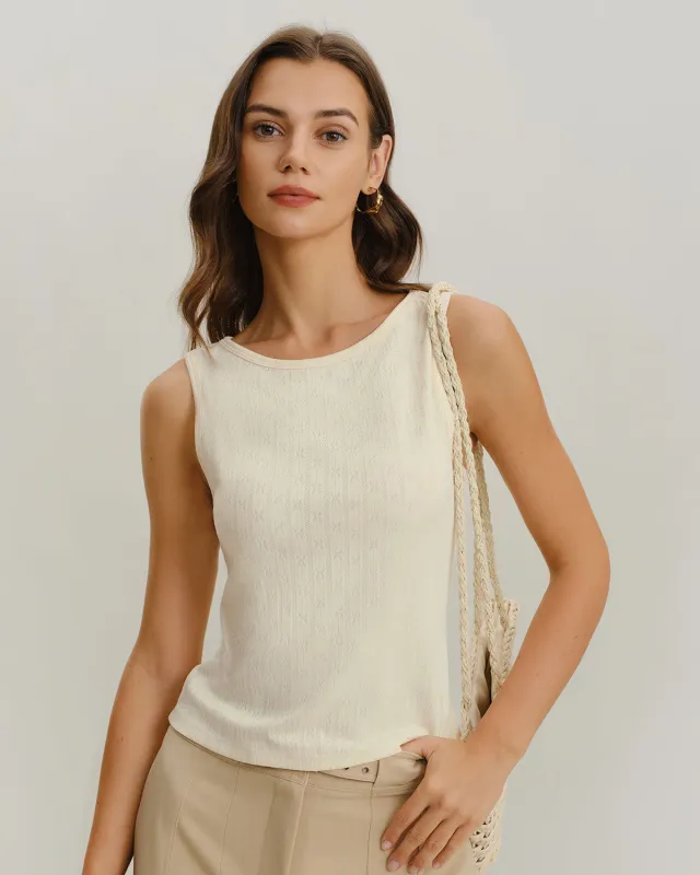 Beige Boat Neck Ribbed Knit Tank Top sold by rihoas