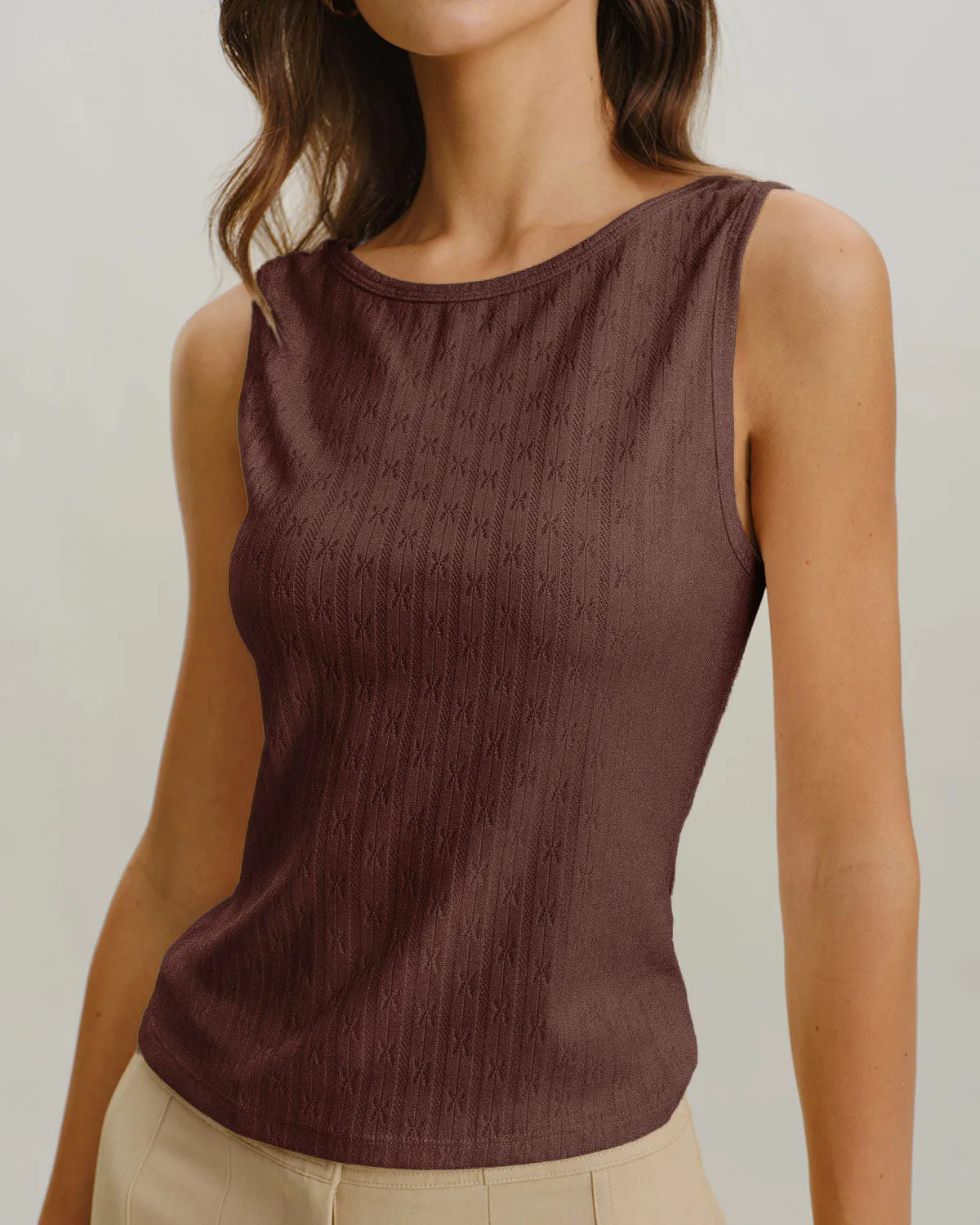 Coffee Boat Neck Ribbed Knit Tank Top sold by rihoas product image thumbnail 2