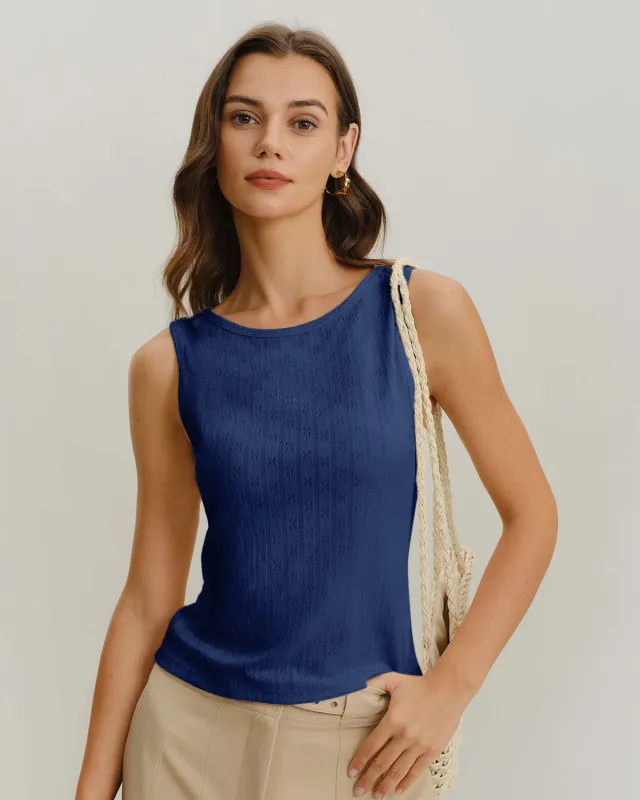 Blue Boat Neck Ribbed Knit Tank Top sold by rihoas