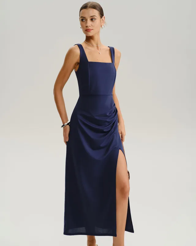 Navy Ruched Slit Slip Maxi Dress sold by rihoas