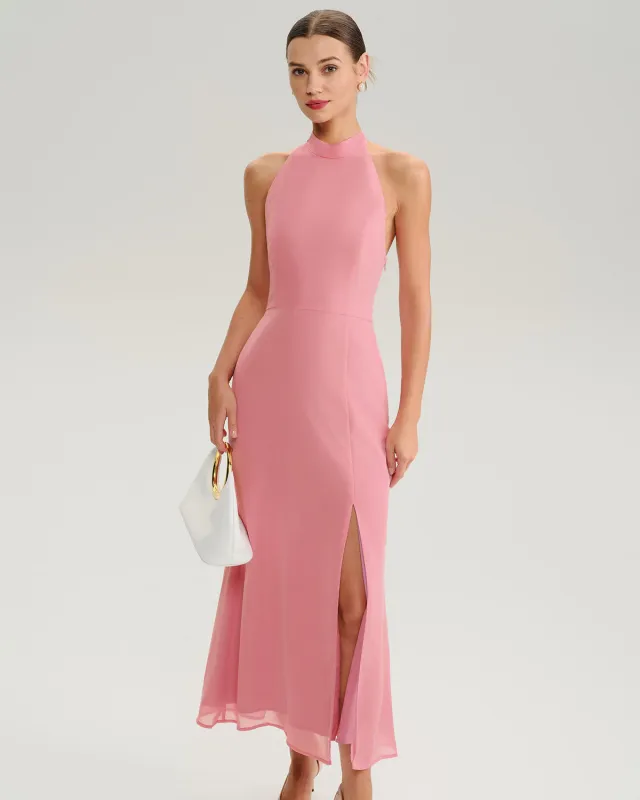Pink Mock Neck Backless Maxi Dress sold by rihoas