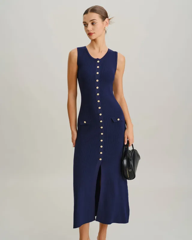 Blue U Neck Sleeveless Sweater Dress sold by rihoas