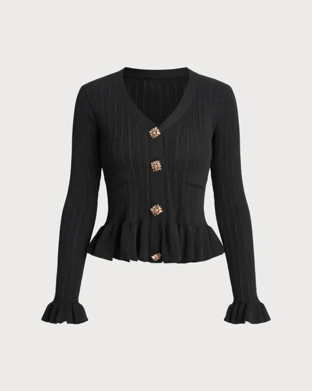 Black V Neck Bell Sleeve Knit Cardigan sold by rihoas