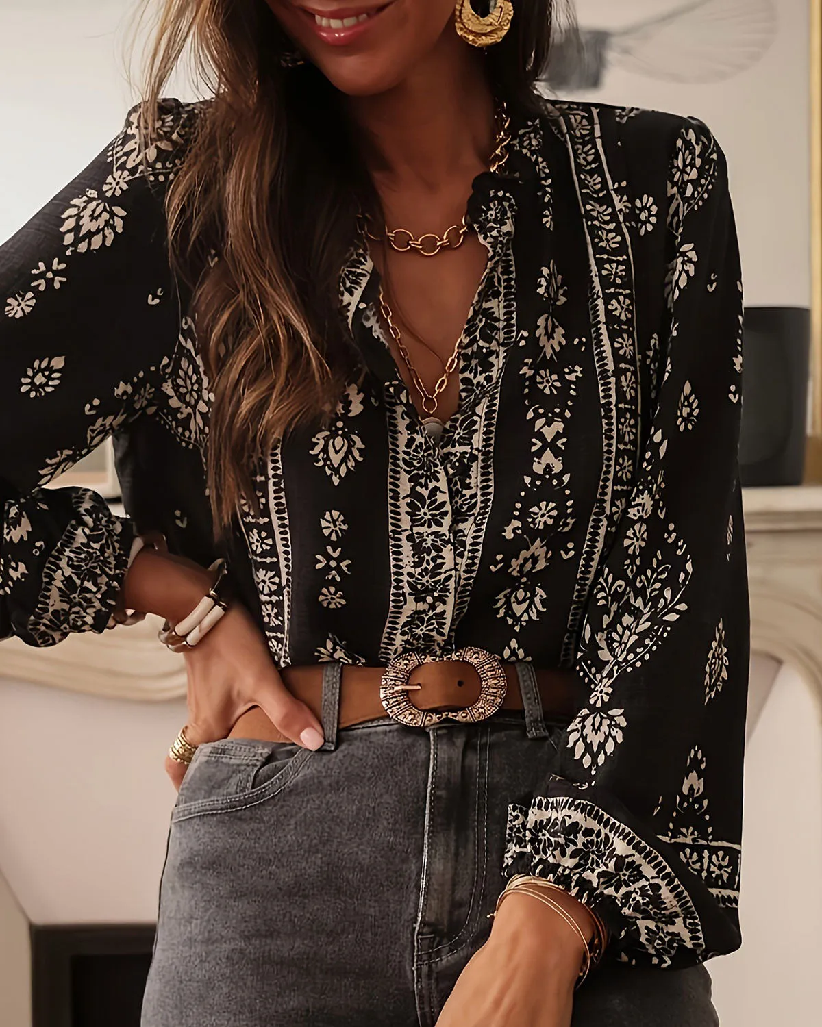 Black Floral Lantern Sleeve Shirt sold by rihoas product image thumbnail 4
