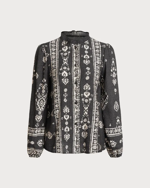 Black Floral Lantern Sleeve Shirt sold by rihoas
