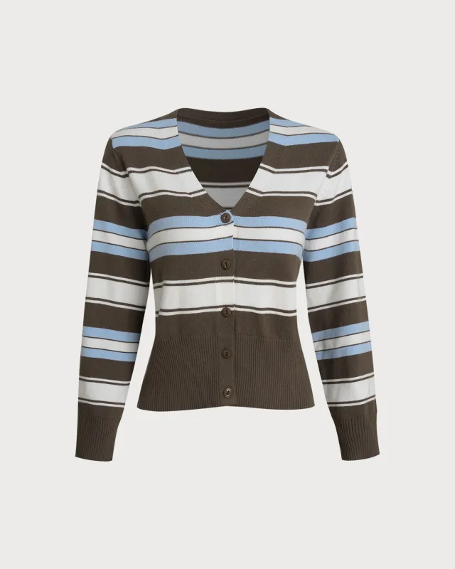 Brown Striped V Neck Knit Cardigan sold by rihoas